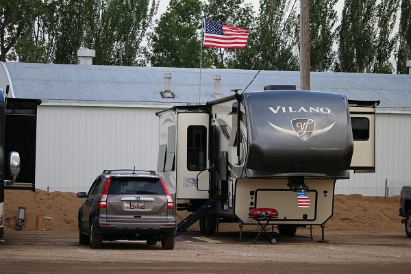 Fifth wheel RV parked at FMCA's 100th convention, Minot Magic