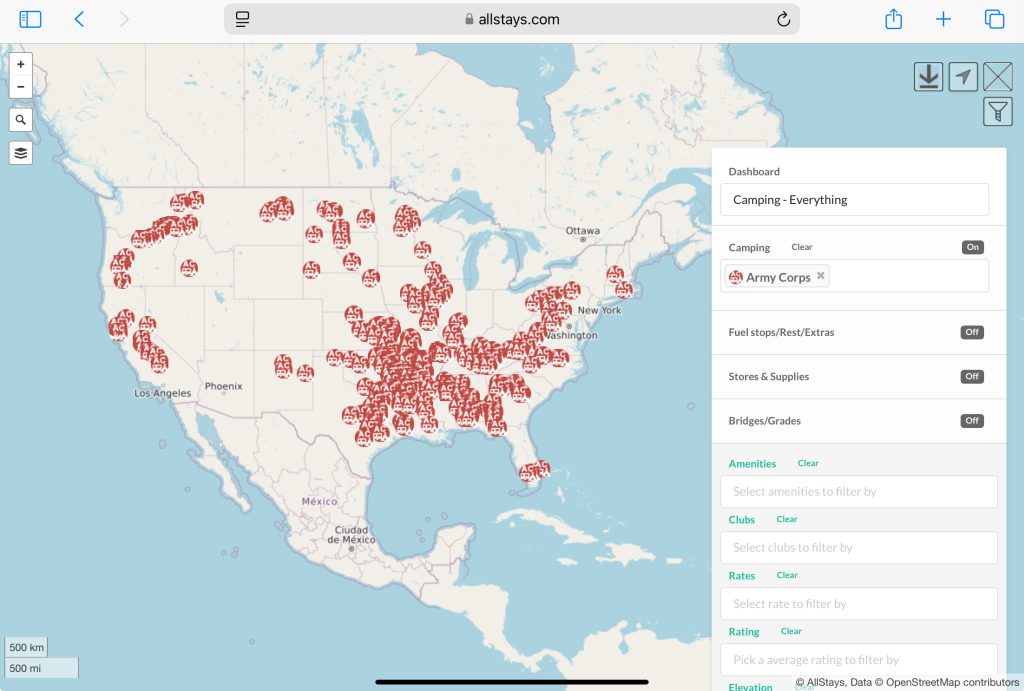 Screenshot of COE campgrounds via Allstays