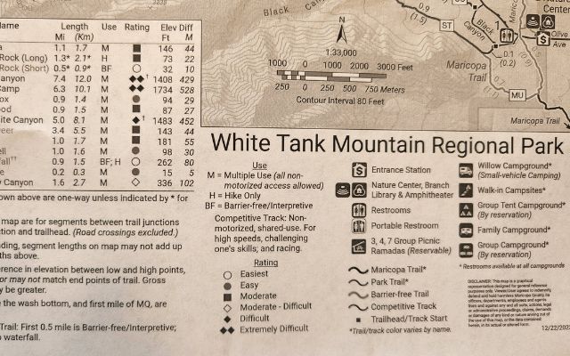 Trail map of White Tank Mountain Regional Park showing hiking routes and campgrounds