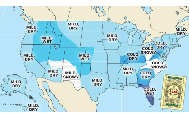 Farmer's Almanac map of US winter weather outlook 2025 and 2026.